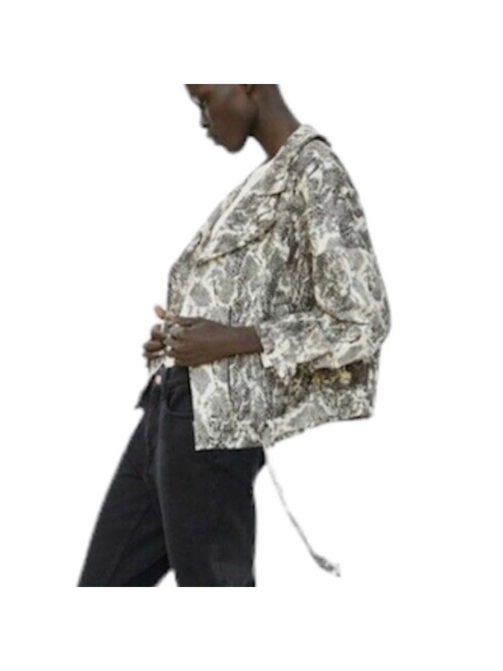 Zara oversized black beige snake print python jacquard moto bike jacket M